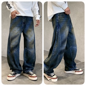 <span class=keywords><strong>Jean</strong></span> large coupe droite style hip-hop streetwear délavé effet vieilli dégradé avec trous – Idéal pour l'été - Product Image 4