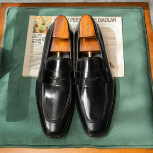 Mocassins en cuir véritable noir à bout carré, chaussures habillées à enfiler pour hommes, toutes saisons, couleur unie, style bout uni - Product Image 1