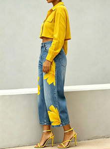 2026 <strong>Women</strong> <strong>Yellow</strong> Floral Print Cropped Wide Leg <strong>Jeans</strong> High Waist Light Wash Loose Ankle Denim <strong>Jeans</strong> - Product Image 5