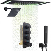 Système de douche moderne en laiton à double tête avec LED thermostatique, pommeau de pluie 14x20 pouces, inverseur 3 voies, ensemble de douche noir mat