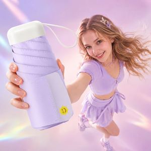 Parapluie pliant 5 sections noir enduit en cuir UPF50 avec logo personnalisé pour femmes, idéal pour le voyage, la vente en gros et les cadeaux promotionnels - Product Image 1