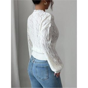 Soly Hux Pull en dentelle à col en V pour femme, manches longues, tricot crocheté, pull décontracté, hauts pour l'automne - Product Image 3