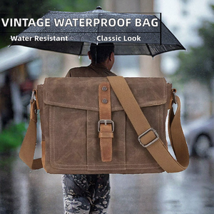 Royaa Small Vintage Waterproof Leather Messenger <b>Bag</b> <b>Men</b> Durable Travel <b>Work</b> Shoulder <b>Bag</b> Button Decoration Daily Used Zipper - Product Image 2