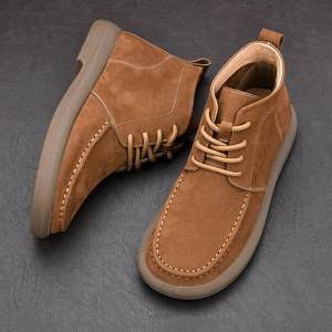 Bottes Martin en cuir véritable pour hommes, à bout rond, à lacets, avec doublure en peluche, semelle extérieure en caoutchouc, style décontracté isolant pour l'automne - Product Image 2