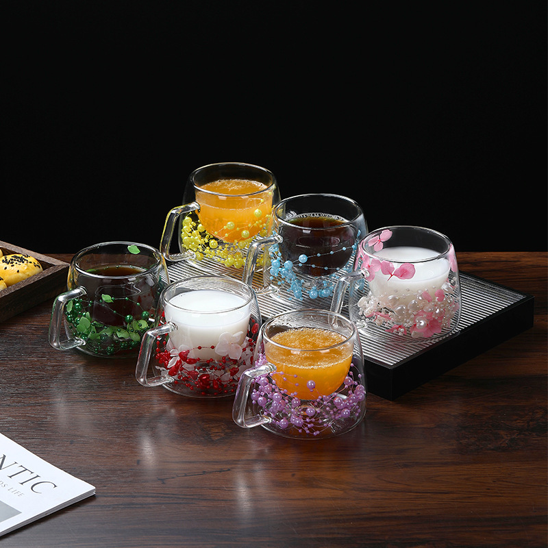 High Borosilicate Glass Dry Flower Cup with Handle GCD011 Household Juice Cup Insulated Double-layer Drinking Cup