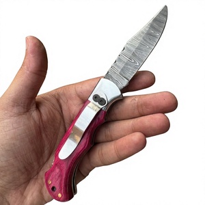 Couteau de poche pliant de survie de qualité industrielle en acier Damas, pointe droite, verrouillage arrière, manche en bois Pakka 58 - Product Image 2
