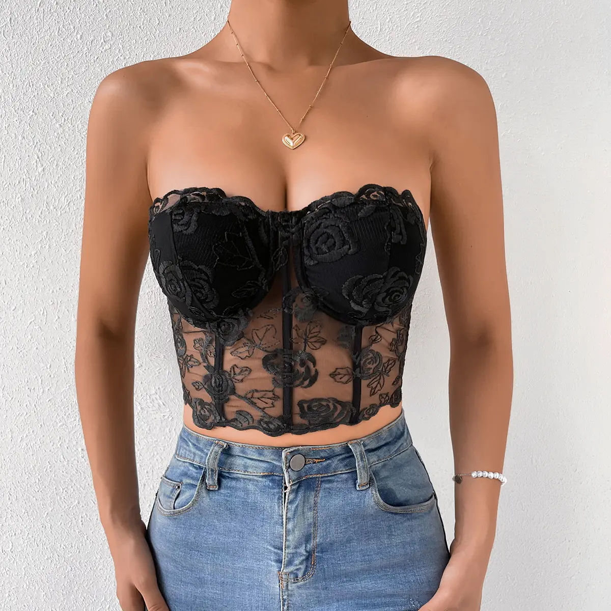 Donne Sexy corsetto Top pizzo ricamo floreale vedere attraverso