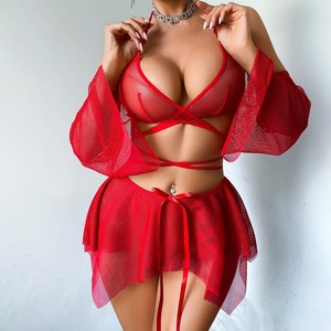 Set di Lingerie Rossa in Rete per Donna con Etichetta Privata Personalizzata, Reggiseno Halter, Top Corto Avvolgente, Minigonna e Set con Maniche, Basso MOQ - Product Image 2