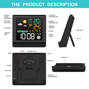 Estação Meteorológica sem fio a cores digital relógio interior exterior temperatura barômetro alarmes duplos USB carregador de plástico OEM/ODM - Product Image 6