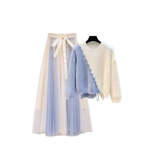Nouveau <span class=keywords><strong>pull</strong></span> en tricot Sweet Wind et <span class=keywords><strong>ensemble</strong></span> deux pièces en tricot avec <span class=keywords><strong>jupe</strong></span> douce pour femme - Product Image 1