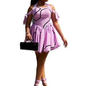 Nouvelle Robe Plissée Estivale pour Femme à Col Halter Imprimé, Bretelles à Nouer, Taille Haute, Tendance - Product Image 5