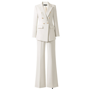 Women's White Double-Breasted Suit Set With Flared Pants Formal Work Wear Autumn Season - Product Image 1