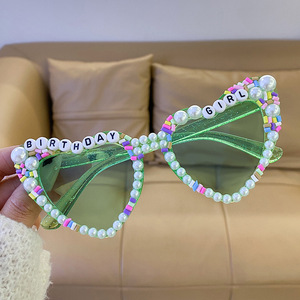 <b>Party</b> <b>Props</b> Birthday Sunglasses Pearl Letter Sunglasses Stylish Rhinestone-encrusted Heart-shaped Glasses - Product Image 3