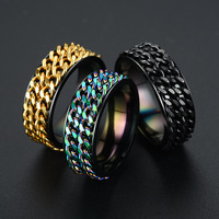 Bague unisexe en acier inoxydable électroplaqué à double chaîne rotative pour l'approvisionnement transfrontalier, vente en gros de bijoux
