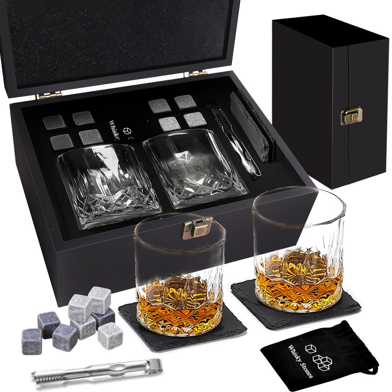 Coffret en bois noir 2 tasses costume 8 pierres (tampon feutre tasse citron)