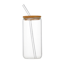 Bouteille d'eau réutilisable en verre sans BPA de 16 oz en forme de canette avec couvercle en bambou et paille, pour café glacé, coffrets cadeaux, bureau et maison