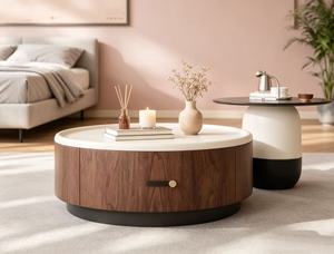 Modern <b>Round</b> Coffee <b>Table</b> Set Wood and Glass Top Minimalist Design Living Room Furniture with Storage <b>White</b> Black Finish - Product Image 5