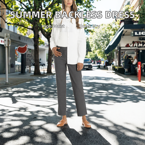 Women's Straight Leg <b>Trousers</b> Mid Waist Charcoal Gray Cotton Casual Pants Anti-Wrinkle Full Length - Product Image 2