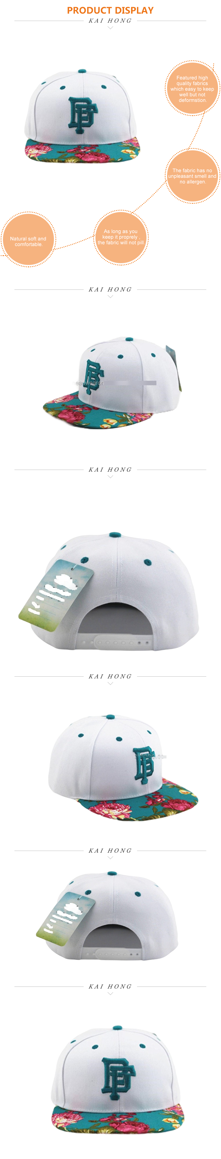 Flowers Image Printed Brim Snapback Cap With 3D Embroidery Logo