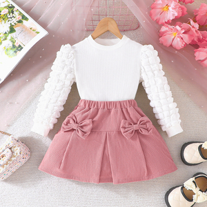 Girl 4-8 Years Casual Woolen Dress Set With Bows Pattern Fashion <b>Bubble</b> Sleeve Top and Pleated Skirt Two-Piece - Product Image 1