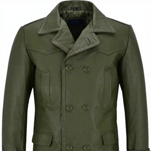 <b>Men's</b> Genuine Leather Pea <b>Coat</b> <b>Double</b> <b>Breasted</b> Stand Collar Outerwear Regular Fit for Autumn Winter - Product Image 4