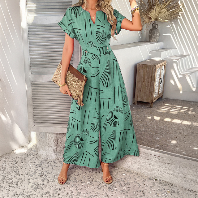 Women's Summer Short Sleeve Cross-Border Jumpsuit Wide Leg Printed Knitted Long Pants for Office Wear