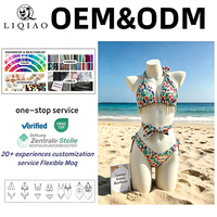 Maillot de bain deux pièces triangle imprimé personnalisé OEM ODM avec franges et pompons, col halter, pour la plage.