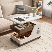 Table d'appoint intelligente de luxe moderne en bois pour salon, chambre, hôtel avec chargeur sans fil, haut-parleur, roulettes et design créatif relevable
