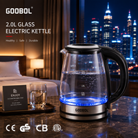 Bouilloire électrique en verre 2,0 L 1500 W avec lumière LED 360° °   Base sans fil à arrêt automatique CE/GS/CB, disponible en version OEM, qualité hôtelière
