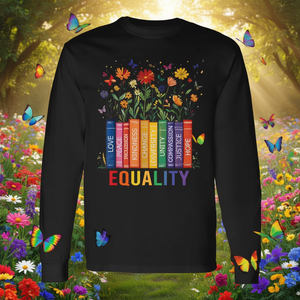 Maglietta a Maniche Lunghe Unisex per Adulti con Stampa Digitale 'Equality Love Peace Kindness Book Flowers LGBT Pride' in Cotone con Collo Rotondo - Product Image 2