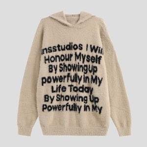 Custom Fuzzy Knit Hooded Sweater Men Oversized Letter Print Faux Mohair Hoodie <b>Pullover</b> Streetwear Knit <b>Jumper</b> - Product Image 5
