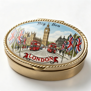 Bandeja Metálica de Recuerdo del Big Ben de Londres, Bañada en Oro, Pintada, Redonda, con Diseño Patriótico - Product Image 2