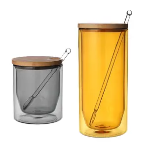 Tazze da caffè in vetro colorato con coperchio in bambù e cucchiaio tazza da tè a doppia parete in borosilicato alto con coperchio