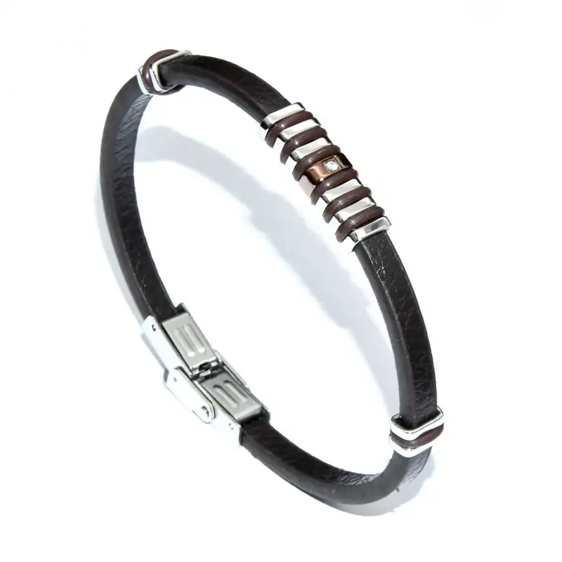 Bijoux de luxe pour hommes Bracelet en cuir marron véritable en acier inoxydable avec réglage CZ blanc
