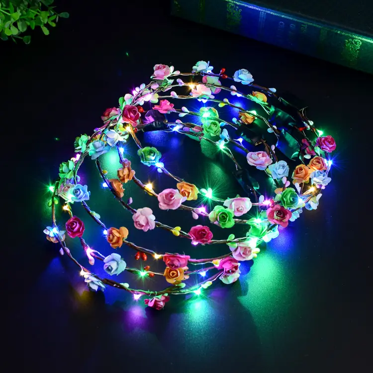 Accessori per capelli 2021 vendita calda incandescente unicorno festa a tema ragazza corone di fiori LED string light flower led headband