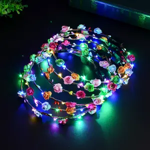 헤어 액세서리 2021 뜨거운 판매 빛나는 유니콘 테마 파티 소녀 꽃 왕관 LED 문자열 빛 꽃 led 머리띠