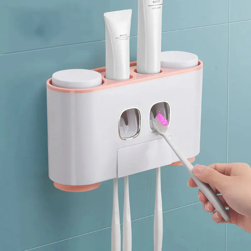 OEM özel otomatik diş macunu dağıtıcı banyo aksesuarları Set diş fırçası tutucu