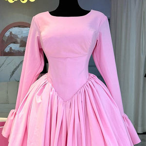 Élégante Robe Femme Coupe Trapèze à Col Rond Manches Longues Taille Haute - Robe Tissée à Motif Uni avec Lien Arrière Tendance - Product Image 3