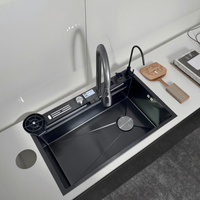 Robinet en cascade de style requin avec porte-couteaux, évier de cuisine en acier inoxydable à cuve unique, fait à la main
