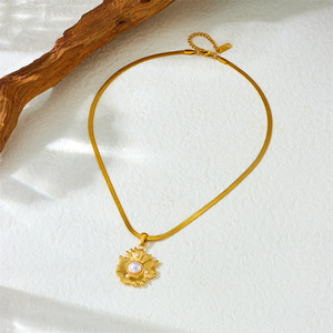 Freshwater Pearl Sunflower Gold Plated Blade Chain Stainless Steel Pendant Irregular Personalized Necklace Gift - Product Image 3