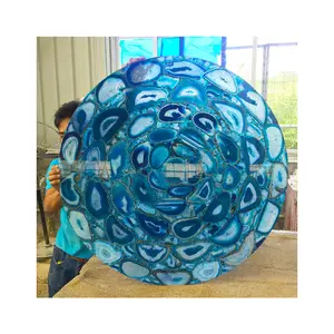 Encimera de piedra preciosa redonda personalizada de ágata azul para mesa de centro