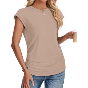 FOXA Camiseta de manga corta fruncida para mujer, cuello redondo, tejida, manga corta, longitud regular, moda de verano - Product Image 3
