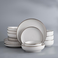 LOMATO Ensemble de vaisselle en grès blanc premium style nordique avec bord doré et pois, assiettes et bols écologiques