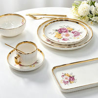 Service de vaisselle en porcelaine de qualité alimentaire, écologique, avec bordure dorée électrolytique, coupe cristal, motifs losanges facettés, assiettes et bols de luxe
