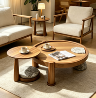 Ensemble de tables basses gigognes rondes avec plateau en bambou, pieds en bois massif et pierre, mobilier moderne pour hôtel, appartement, projet de vente en gros
