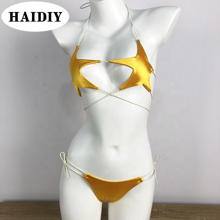 Kustom Desain Baru Ekstrim Seksi Bintang Padat Dua Potong Bikini Kain Mewah Tali Baju Renang Wanita Thong Pakaian Renang