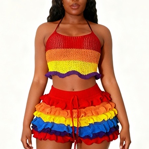 Women's Colorful Striped Knit Halter Top With Ruffled Shorts <b>Sexy</b> 2-Piece <b>Set</b> Fashion - Product Image 3