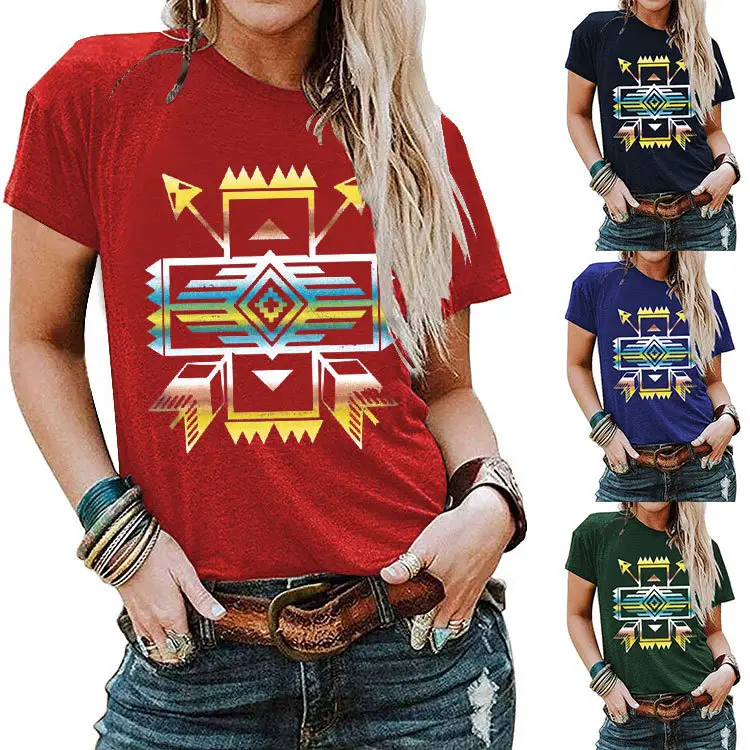 2023 Sommer Frauen Retro Ethnic Style Print Sweatshirt Kurzarm Tops Weiblich Casual Loose Aztec T-Shirt