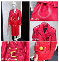 Manteau long en cuir rouge sur mesure OEM pour femme, double boutonnage, revers cranté, boutons dorés, ceinture, veste d'hiver