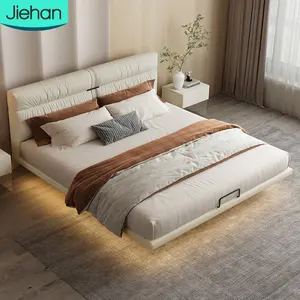 Bingkai kayu beludru teknis tempat tidur modern desain mewah terbaru tempat tidur ukuran king berlapis kain putih lembut tidur gantung